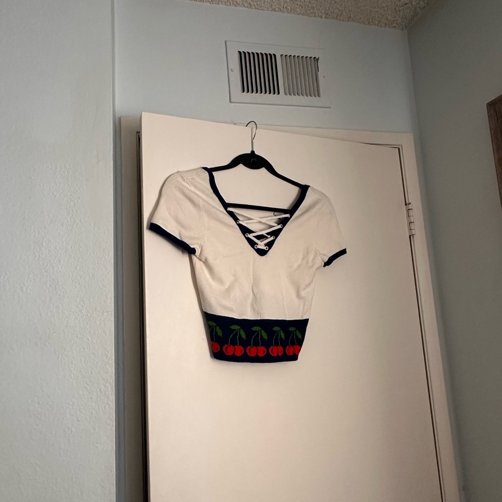 Urban Outfitters White Crop Top with Cherry Design